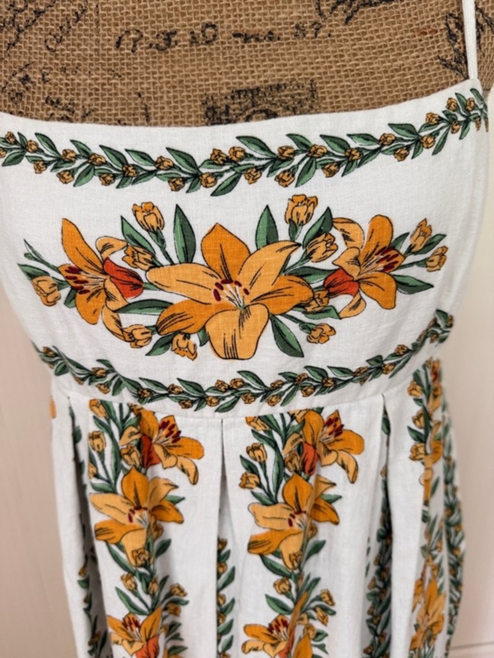 Yellow Floral Spaghetti Strap Boho Cottagecore Maxi Dress Size Large Linen Blend